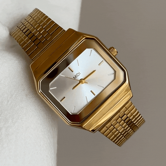Stylish Bold Gold Wide Strap Watch with Large Square Dial – Women’s Quartz Watch