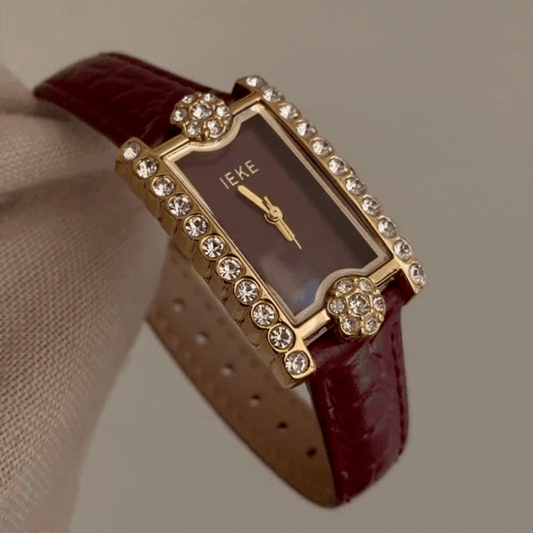 Aurora Luxe – Red Leather Strap Rectangle Diamond-Set Case Women’s Quartz Watch