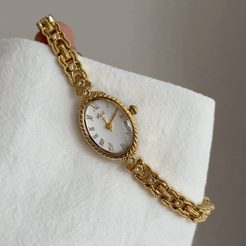 Gold Women Bracelet Watch Oval White Dial Quartz with Diamond Inlay Vintage Elegant Style – Aurora
