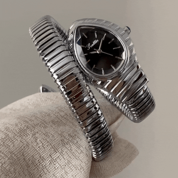 Women's Quartz Watch – Silver Bangle Style with Black Serpenti Wrap Design
