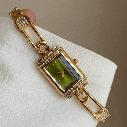 Classic Elegant Gold Bracelet Watch with Diamond-Accented Case & Green Rectangular Dial – Women’s Quartz Watch
