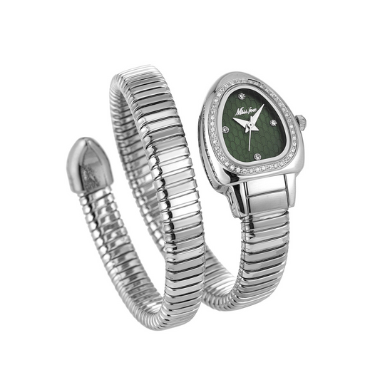 Silver Women’s Snakehead Case Green Serpenti Dial Wrap Bangle Quartz Watch Luxury Exotic Style – Emerald Serpenta