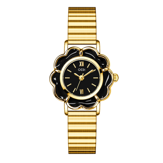 Golden Bloom – Women’s Black Camellia Watch with Bamboo Bracelet