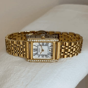 Aura Rectangle - Gold Bracelet Watch with White Dial & Crystal Accents