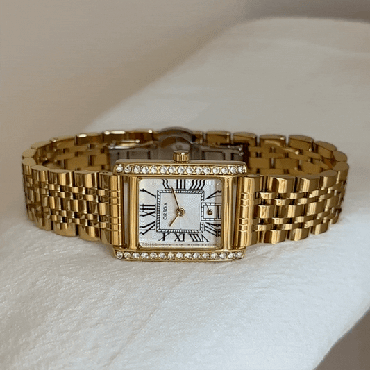Classic Gold Bracelet Watch with White Rectangular Dial & Diamond-Accented Case – Women’s Quartz Watch