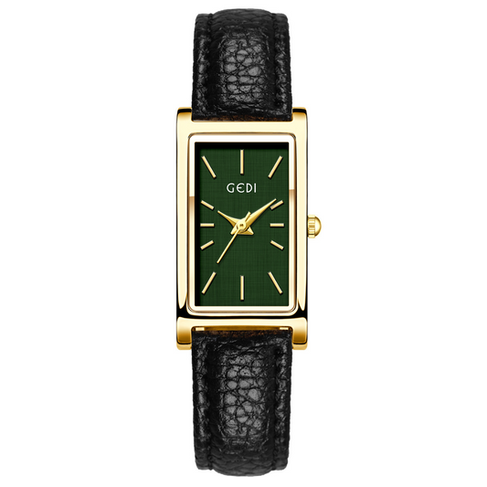 French Elegant Black Leather Strap Women’s Quartz Watch with Gold Rectangular Case & Green Dial