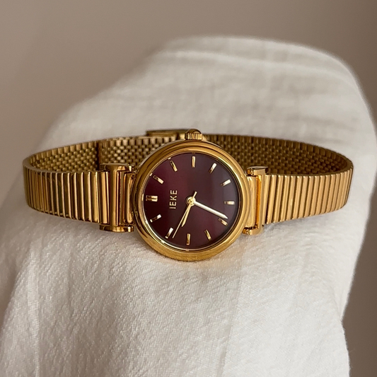 Gold Women Quartz Watch Bracelet Strap Round Red Dial Vintage French Retro Style – Bordeaux