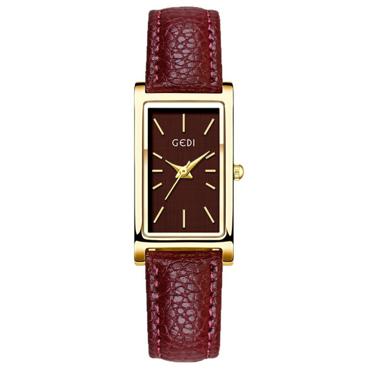 French Elegant Red Leather Strap Women’s Quartz Watch with Gold Rectangular Case & Red Dial