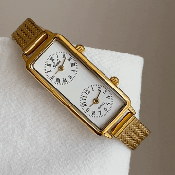 Travel-Inspired Elegant Gold Wheat Strap Watch with White Rectangular Dual Dials – Women’s Quartz Watch
