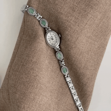 Green Jade Inlay Classic Silver Bracelet Ladies Quartz Watch