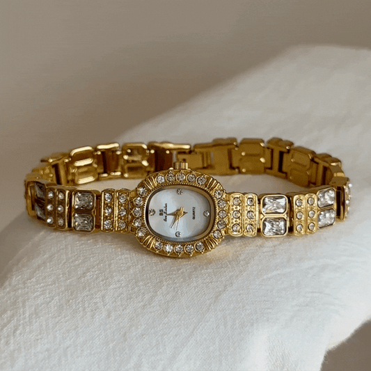 Gem-Embellished Gold Bracelet Watch with White Oval Small Dial – Women’s Quartz Watch