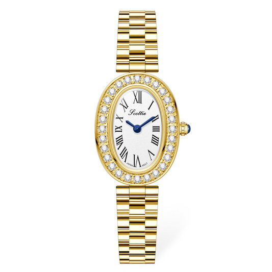Elegant Women’s Quartz Watch – Gold Stainless Steel Bracelet with Diamond-Set Oval Case and White Dial