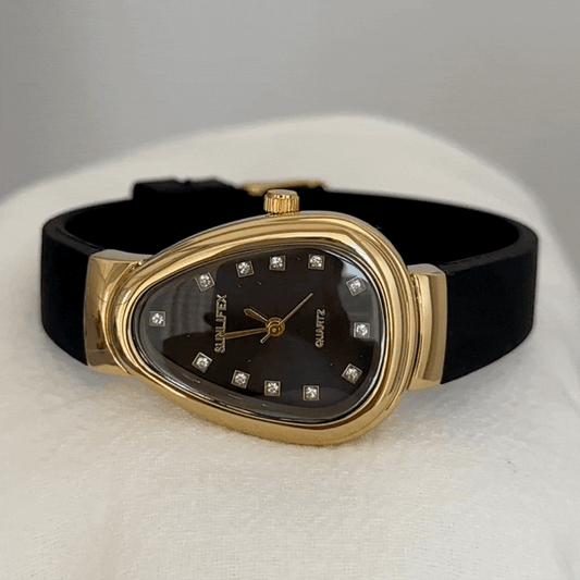 Black Women Quartz Watch Silicone Strap Gold Snake Head Case Black Diamond Dial Vintage Luxury Style – Serpenti