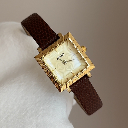 Black Women Quartz Watch Thin Leather Strap Gold Square Candy Dial Vintage Elegant Style – NoirCube