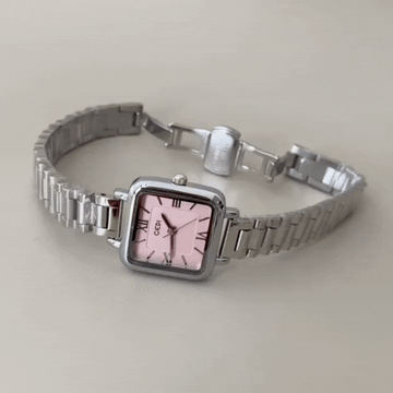 Pink Square Dial, Minimalist Fashion Timepiece Women's Silver Strap Quartz Watch