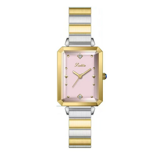 Elegant Women’s Quartz Watch – Two-Tone Stainless Steel Bracelet with Rectangular Pink Dial