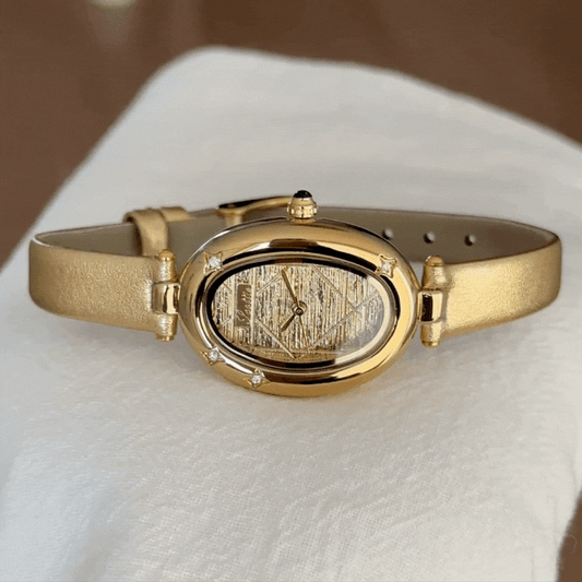 Fashion Women’s Quartz Watch – Gold Leather Strap with Oval Bathtub Dial