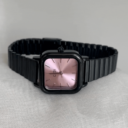 Midnight Rose - Kvinnors svarta armband klocka med rosa fyrkantiga ansikte