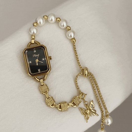 Luxury Pearl Bracelet Watch with Black Rectangular Dial – Women’s Quartz Watch