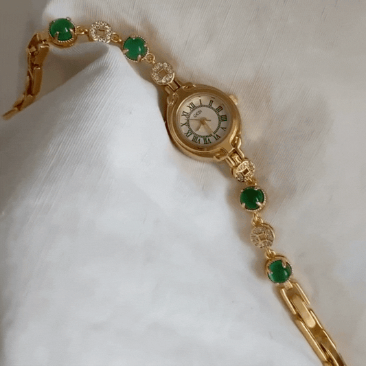 Luxury Frosted Elegance: Green Agate Small Dial & Brass Quartz Watch