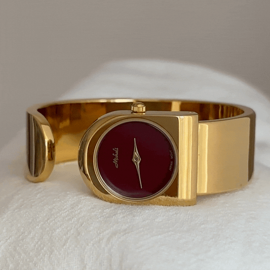 Gold Women Quartz Watch Wide Bangle Bracelet Round Red Small Dial Vintage French Elegant Style – Rouge