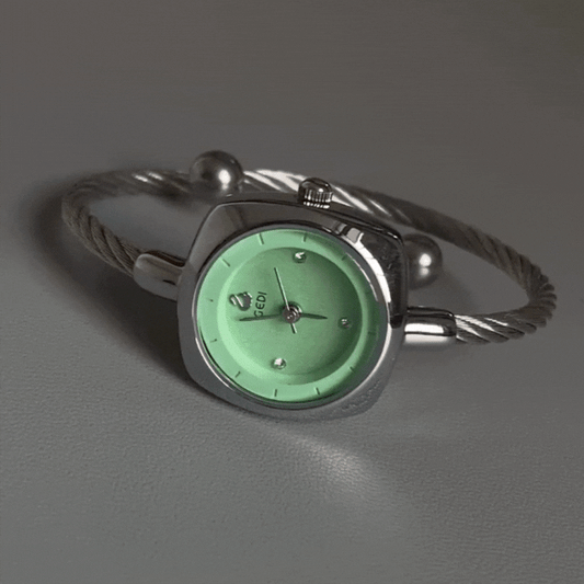 Silver-Grey Bangle Quartz Watch for Women – Mint Green Dial & Square Case, Minimal & Chic