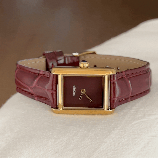 Fashion Women’s Waterproof Quartz Watch – Burgundy Leather Strap with Gold Rectangular Case