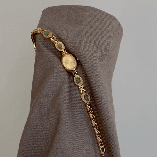 Gold Women’s Watch – Oval Dial Quartz Bangle Watch with Jade Inlay and Bracelet Design | Sienna