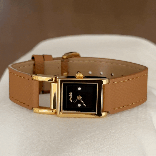 Fashion Women’s Quartz Watch – Brown Leather Strap with Gold Square Tower Case and Black Dial