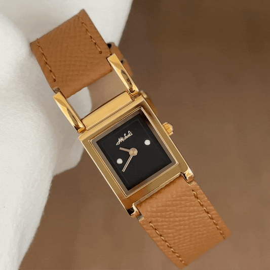 Fashion Women’s Quartz Watch – Brown Leather Strap with Gold Square Tower Case and Black Dial