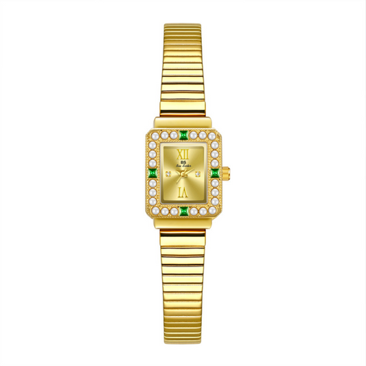 French Vintage Green Gemstone Pearl Rectangle Women’s Quartz Watch – Gold Retro Classic Ladies Wristwatch