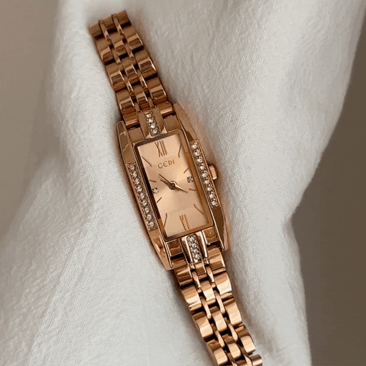 Rose Gold Women’s Elegant Watch – Rectangular Dial Quartz Watch with Crystal-Studded Case | Camille