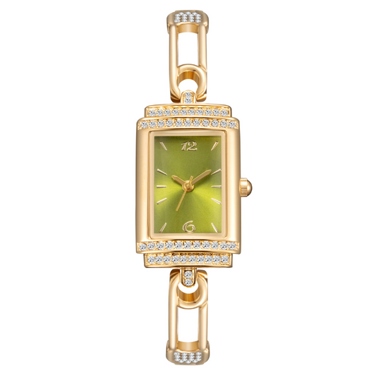 Classic Elegant Gold Bracelet Watch with Diamond-Accented Case & Green Rectangular Dial – Women’s Quartz Watch