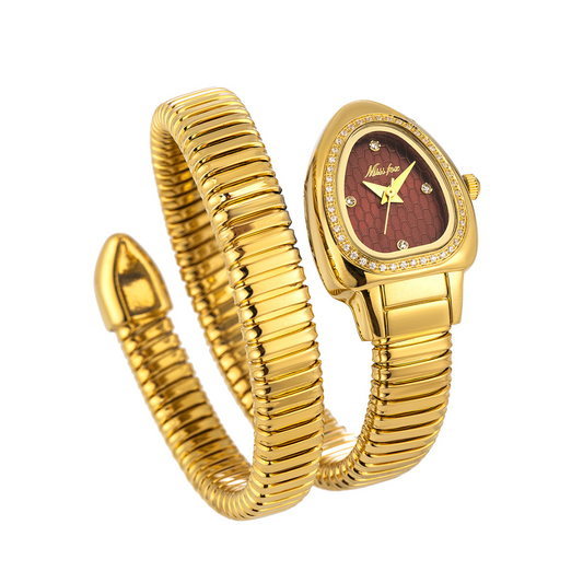 Serpenti Wrap Gold Bangle Watch – Snake Head Case with Textured Dial