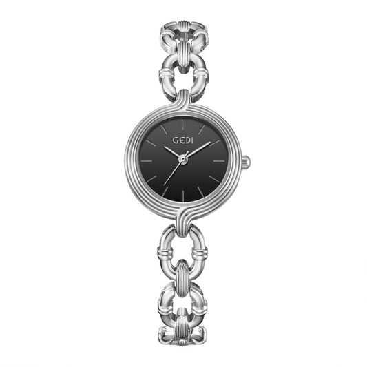 Silver Women’s Bracelet Black Round Dial Quartz Watch Dainty Elegant Style – Noir Link