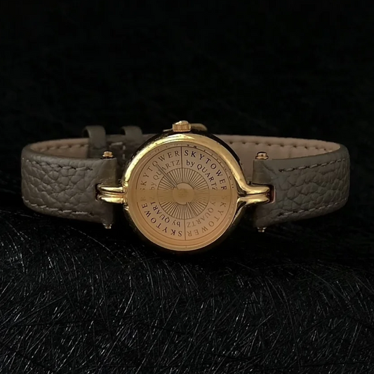 Vintage-Inspired Women’s Quartz Watch – Elephant Gray Leather Strap with Round Gold Dial