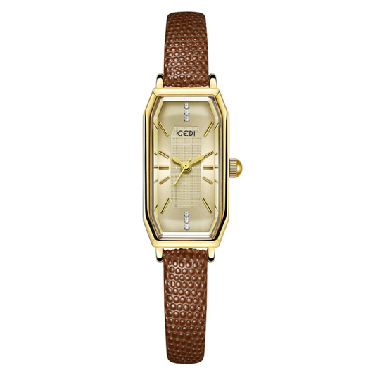 Brown Women Quartz Watch Slim Leather Strap Rectangular Gold Case Vintage Elegant Style – Hazel