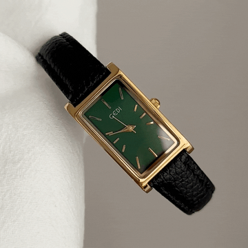French Elegant Black Leather Strap Women’s Quartz Watch with Gold Rectangular Case & Green Dial