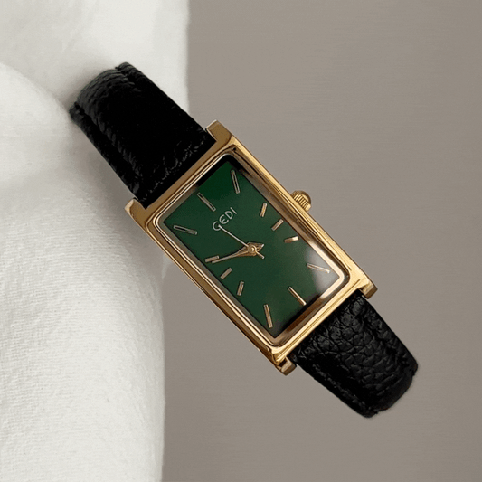 French Elegant Black Leather Strap Women’s Quartz Watch with Gold Rectangular Case & Green Dial