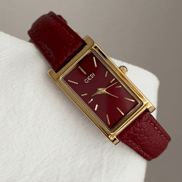 French Elegant Red Leather Strap Women’s Quartz Watch with Gold Rectangular Case & Red Dial