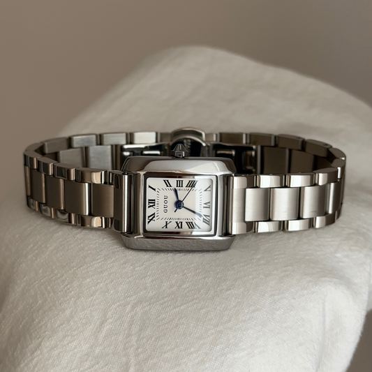 Classic Women’s Quartz Watch – Silver Stainless Steel Bracelet with Square White Dial