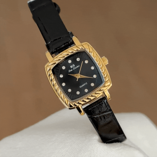 Vintage Noir Timepiece: Black and Gold Square Quartz Watch