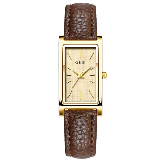 Vintage Brown Leather Rectangle Women’s Quartz Watch – Classic Ladies Wristwatch with Gold Case