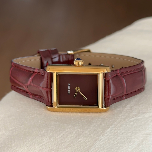 Fashion Women’s Waterproof Quartz Watch – Burgundy Leather Strap with Gold Rectangular Case