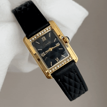 Chic Noir – Women’s Quilted Leather Watch with Gold Frame
