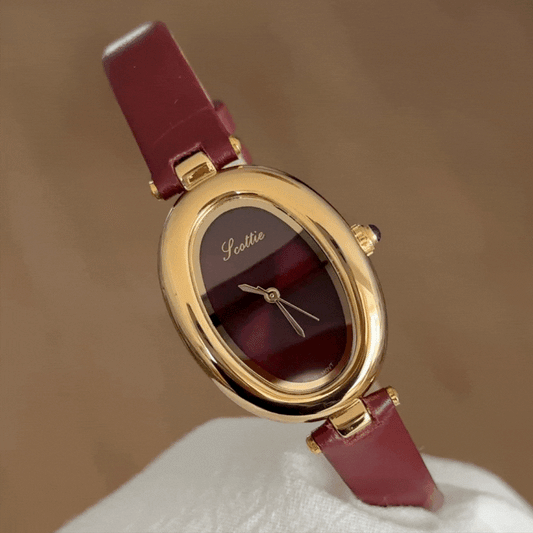 Elegant Women’s Fashion Watch – Red Leather Strap with Gold Oval Bathtub Case