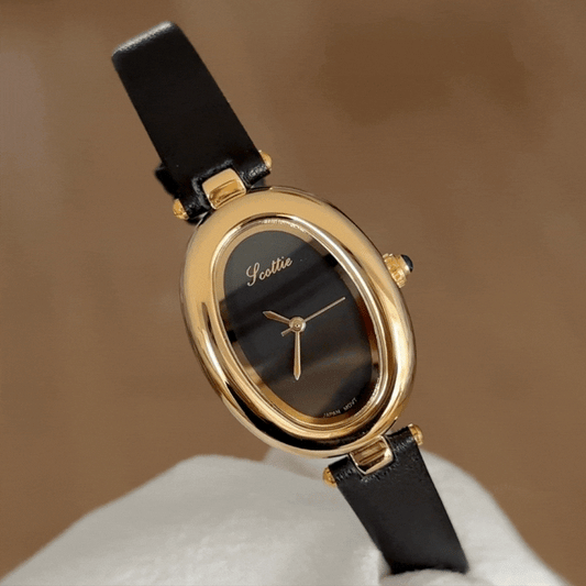Classic Women’s Fashion Watch – Black Leather Strap with Gold Oval Bathtub Case