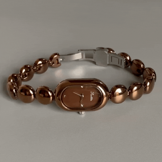 Brown Oval Dial Beaded Bracelet Quartz Watch for Women – Elegant & Timeless