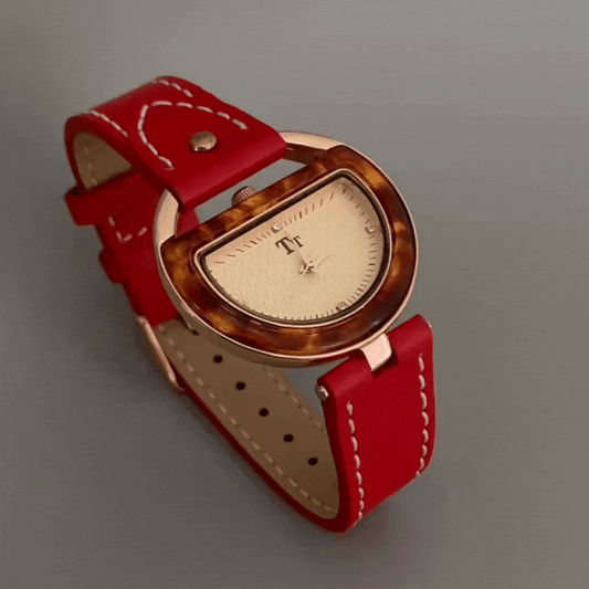 Amber Crescent Timepiece: Angora Red Half-Moon Quartz Watch