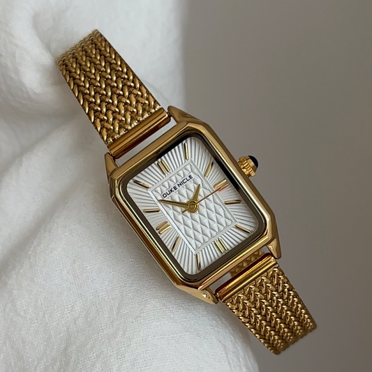 French Classic Women’s Quartz Watch – Gold Wheat Chain Bracelet with White Rectangular Dial